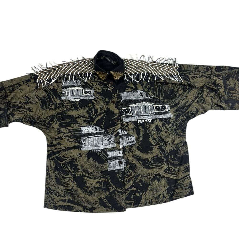 VINTAGE Della-Sport Camo Button Up Shirt Womens M Green Beaded Fringe Green RARE